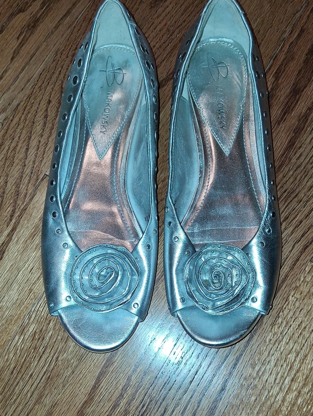 b. makowsky Metallic Silver Peep-Toe Flats with Rosette
